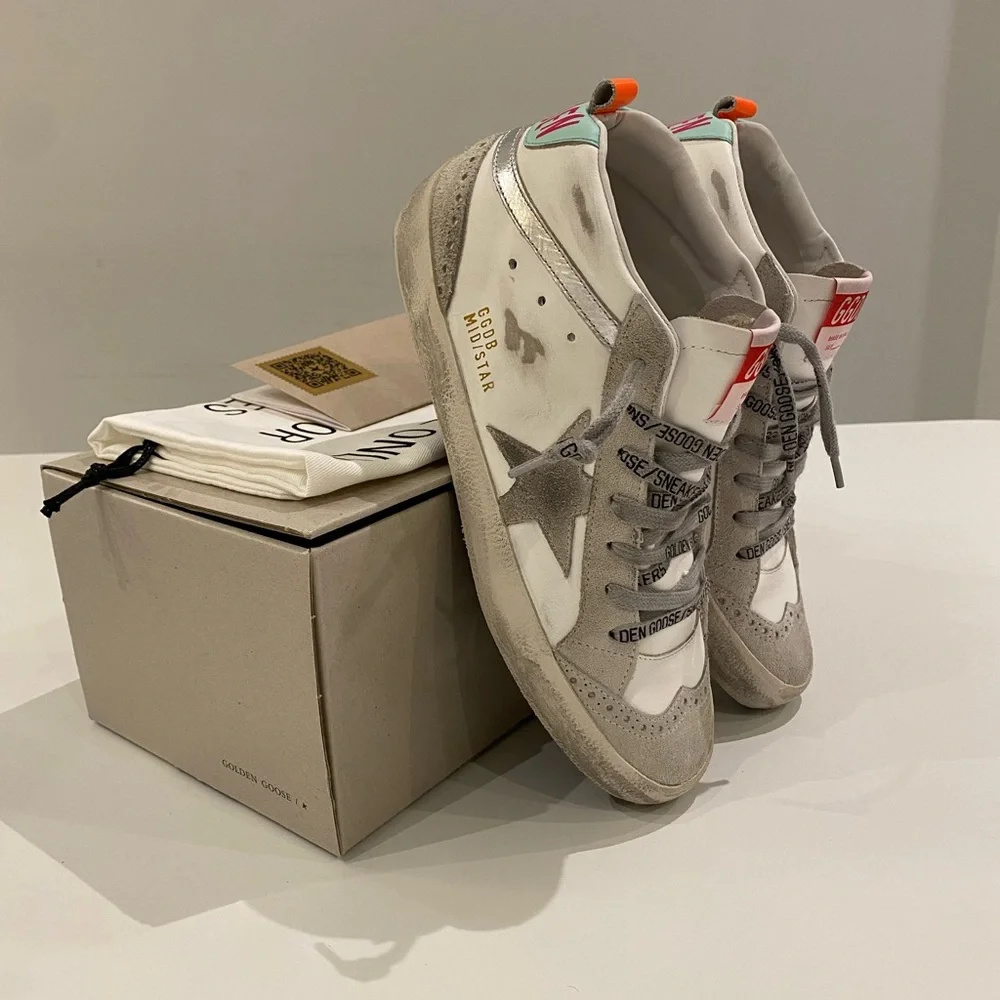 Golden Goose Mid Star Sneaker in White/Ice/Turquoise sz 38 New in Box - Picture 6 of 14